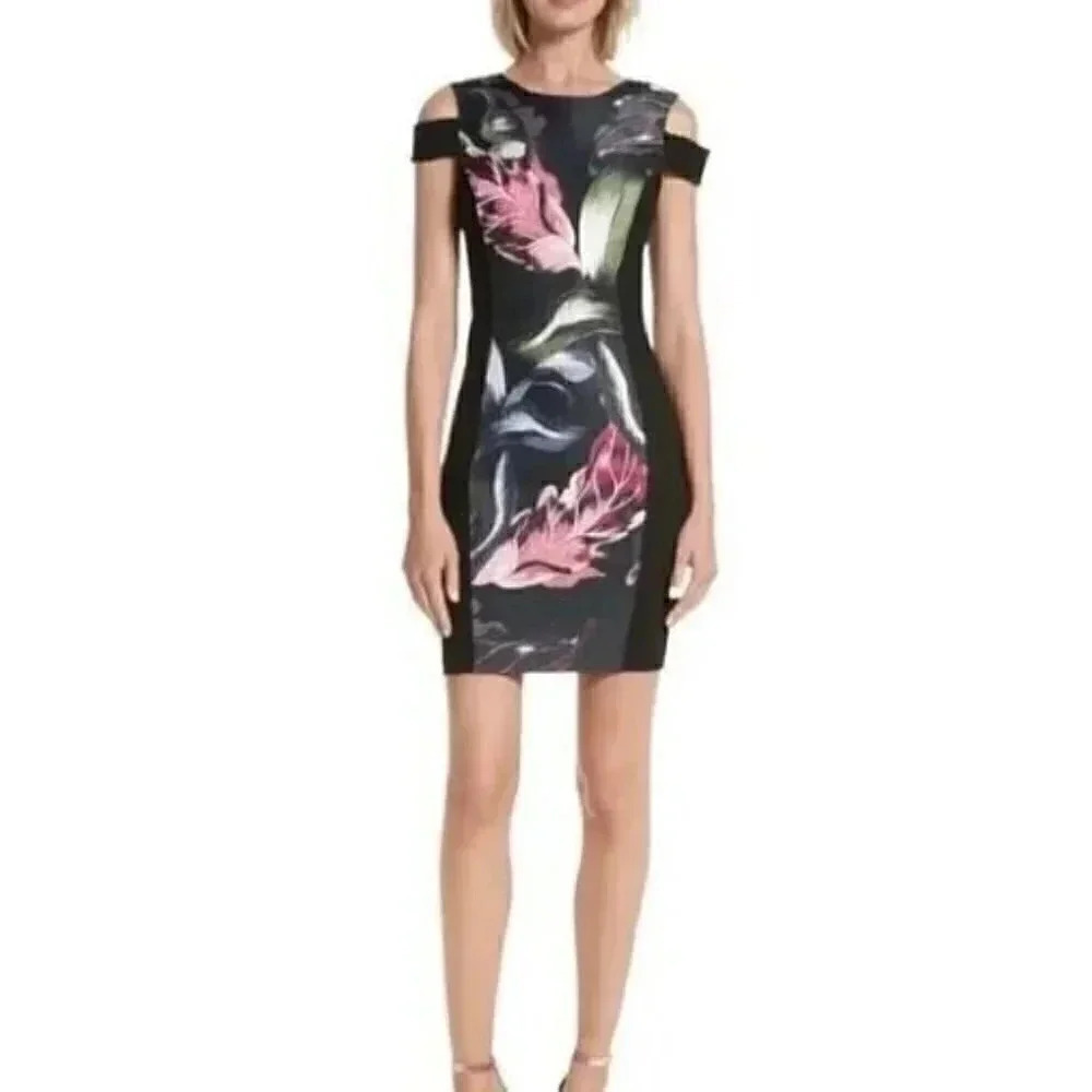 NWT Ted Baker London Size Small Black Floral Cold Shoulder Bodycon Eden Dress